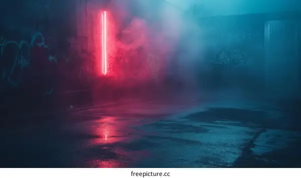 Glowing red light in a dark alleyway