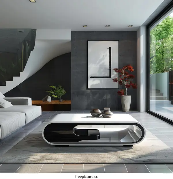 Black and white modern living room interior design with white sofa and coffee table