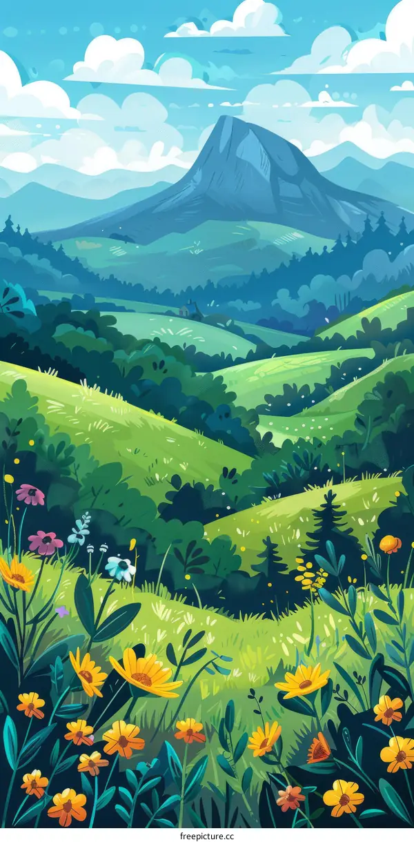 vibrant green hills and mountains landscape illustration