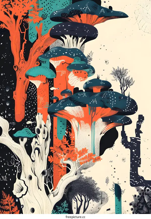 Abstract Art Illustration of Mushrooms in the Forest