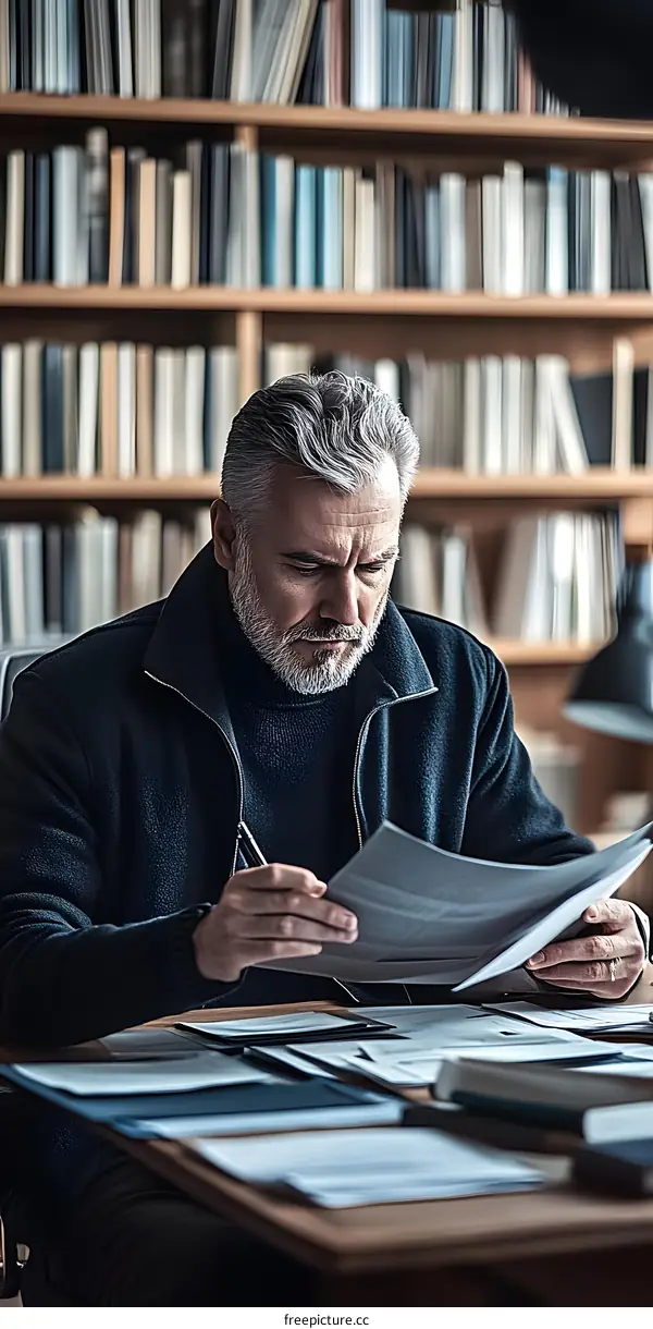 Serious Senior Man Sitting at His Desk Reviewing Documents in His Home Office