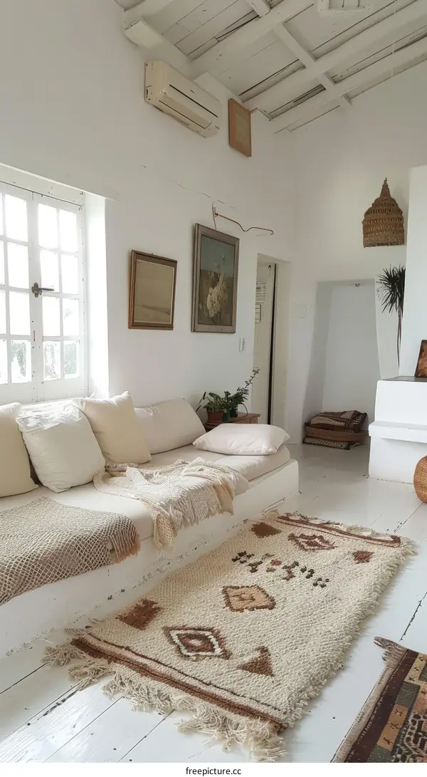 White Living Room with Rustic Beams and Berber Rug