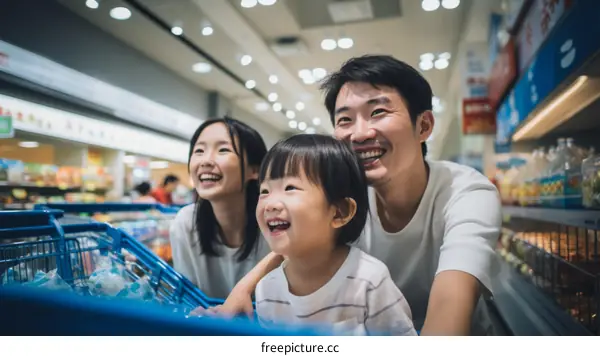 Family shopping for groceries in supermarket