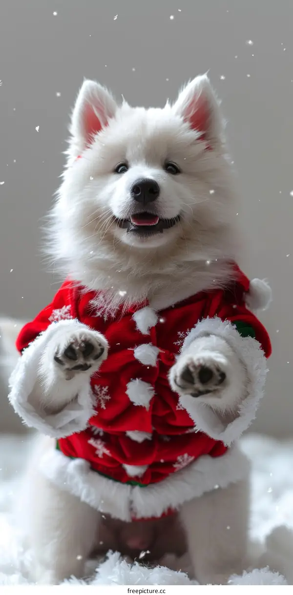 A cute puppy wearing a Santa costume