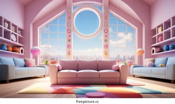 A pink living room with a large window and a colorful rug
