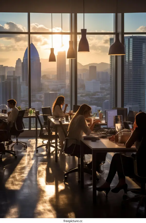 People working in a modern office with a city view