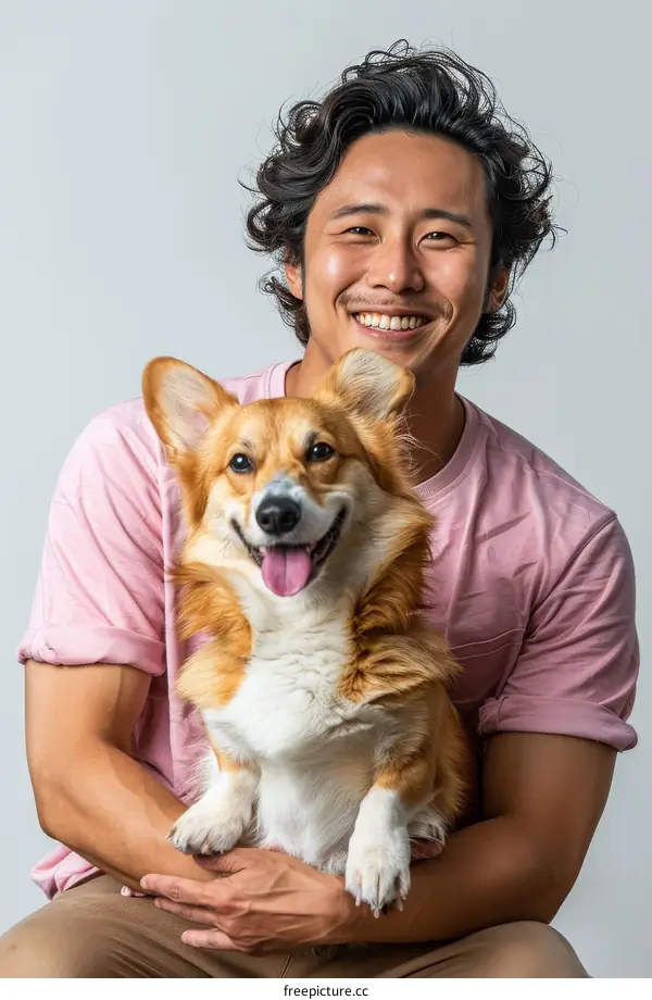 Asian man with a happy corgi dog