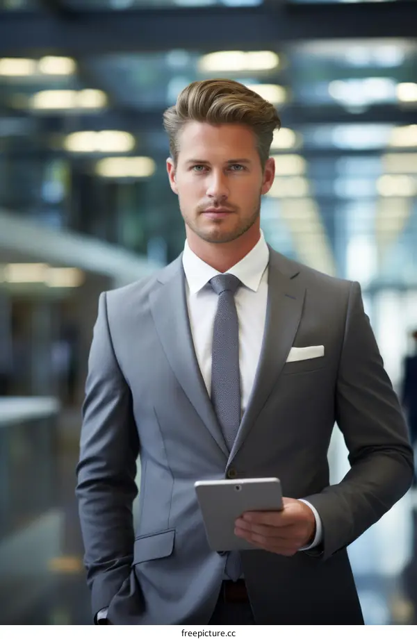 Confident Businessman in Gray Suit Holding Tablet