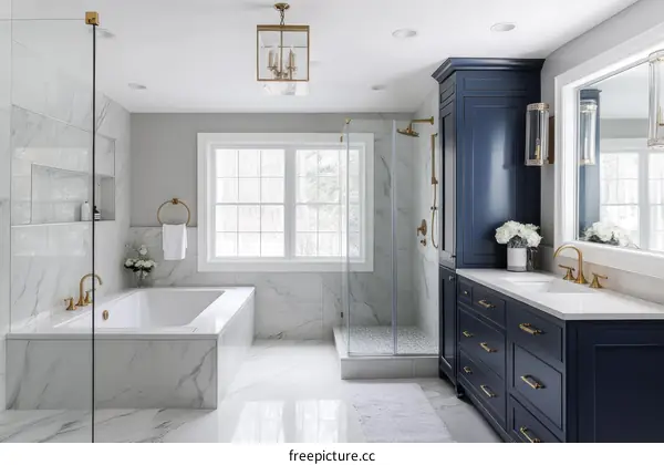 Modern Luxury Bathroom Design with Marble and Dark Blue Cabinets