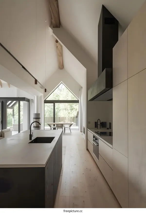 Modern Kitchen Interior Design with Large Windows and Wooden Beams