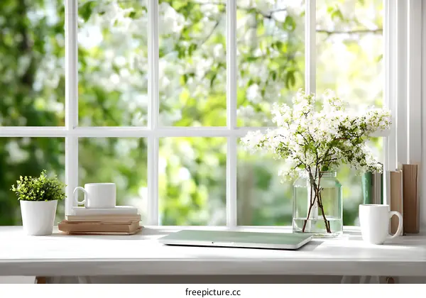 Springtime Windowsill Arrangement with Flowers and Books