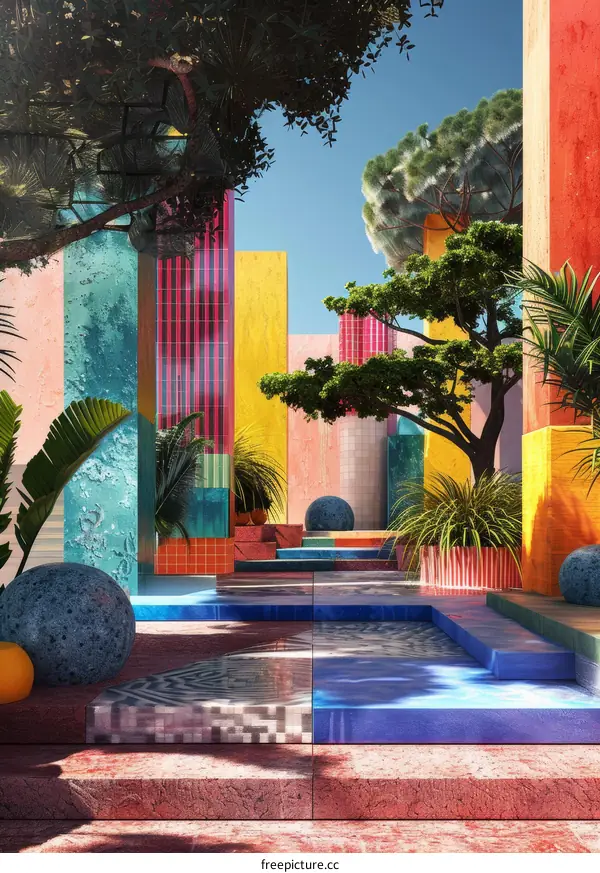 Colorful 3D rendering of a courtyard with trees and plants