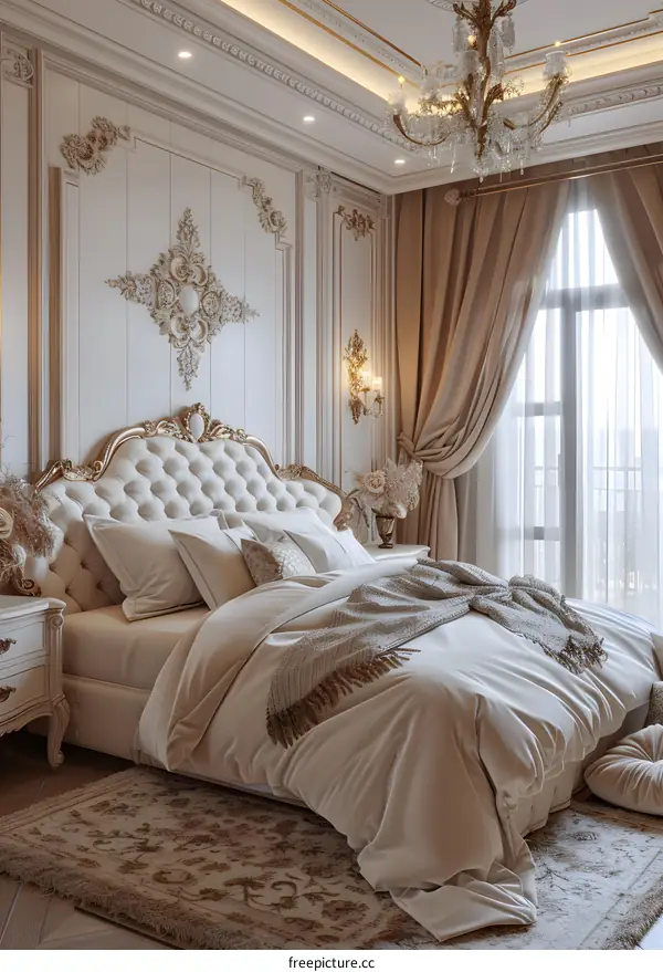 Ornate white bedroom with crystal chandelier