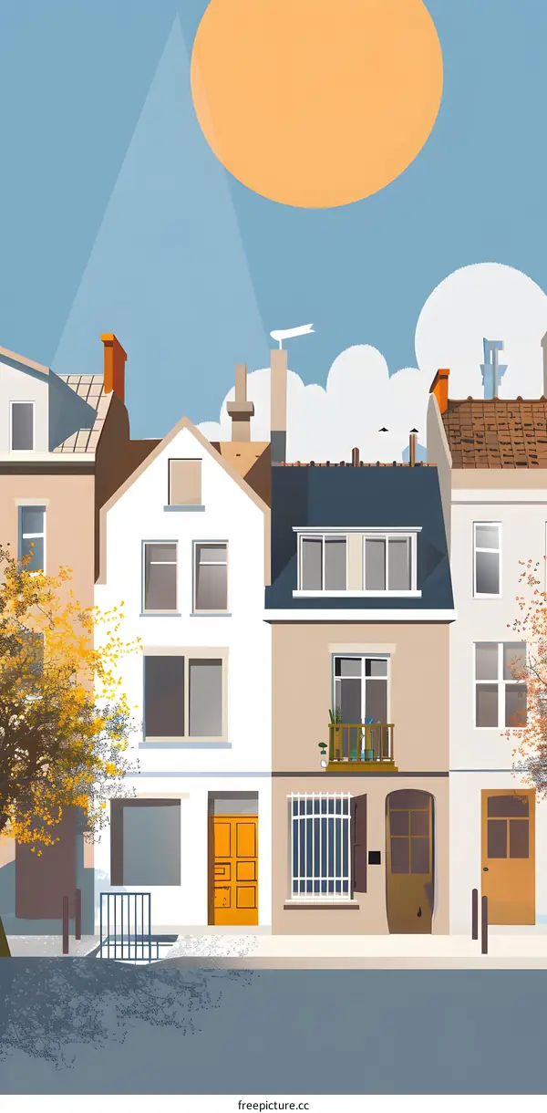 Illustration of colorful houses with a big sun in the sky