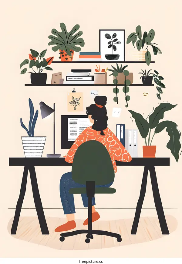 Woman Working at Home Office with Plants