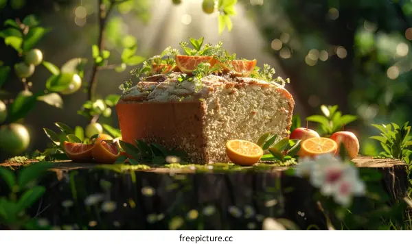 A delicious orange cake sits on a table in the woods.