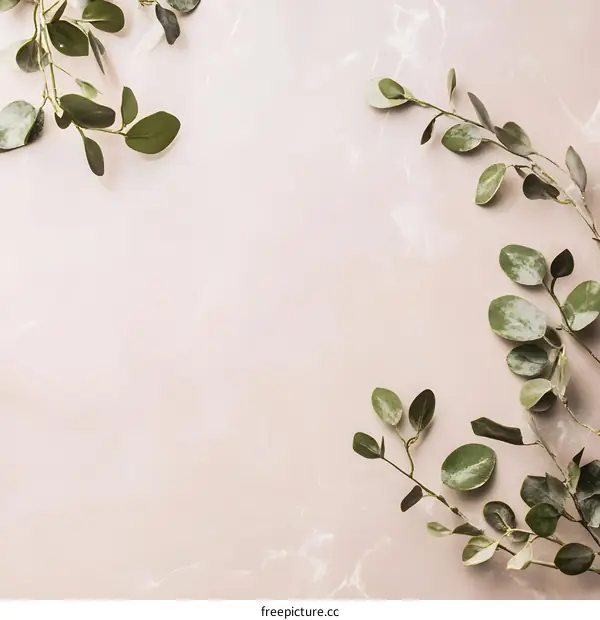 Green Leaves on Pink Marble Background