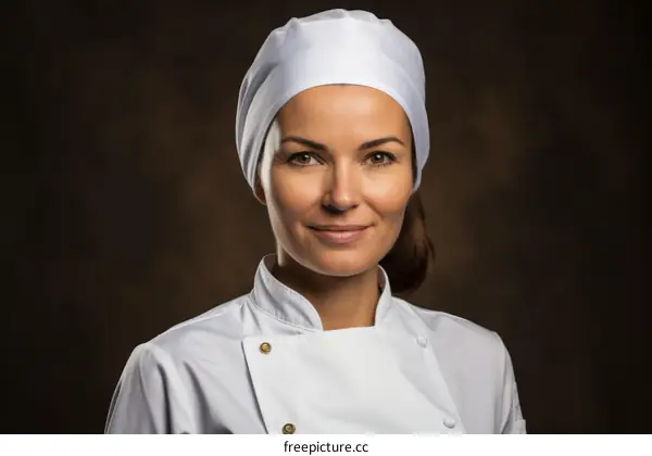 Portrait of a young female chef smiling in a white uniform