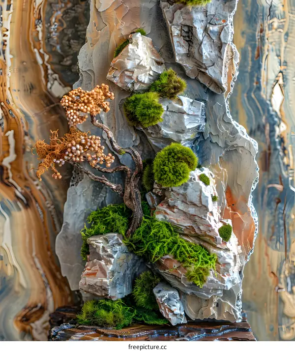 Miniature Bonsai Tree With Moss and Stone