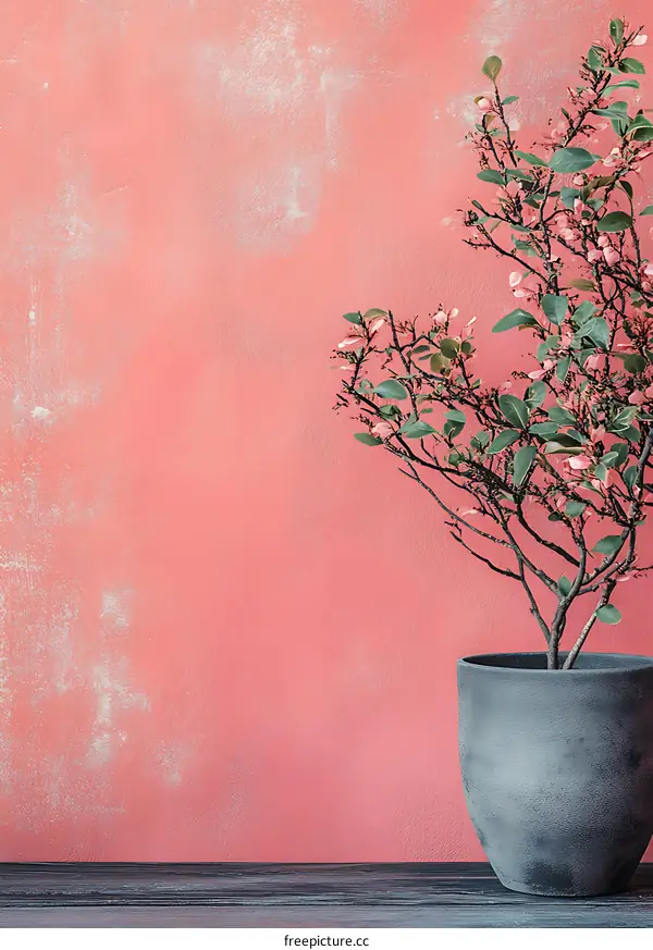 Pink Wall with a Small Blooming Tree in a Pot