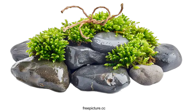 [Transparent Background PNG]Green Moss Growing On Smooth Black Stones