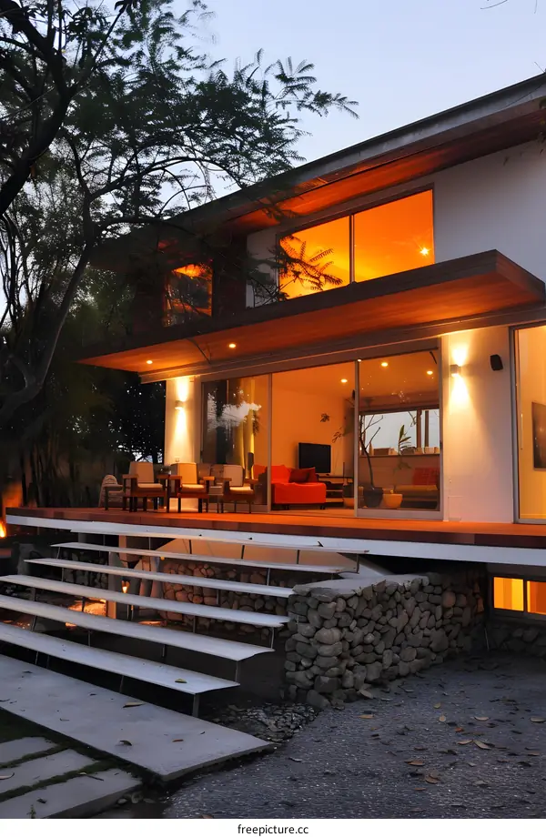 Modern House Exterior with Stone Wall and Wooden Steps