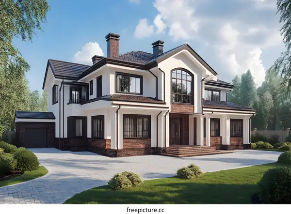 Modern White Brick House with Black Trim and Brown Roof