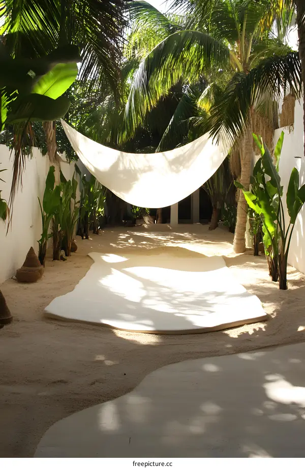 Tropical Garden with White Canopy and Sand