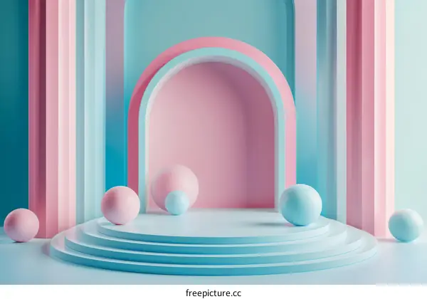 3D rendering of a blue and pink podium with balls