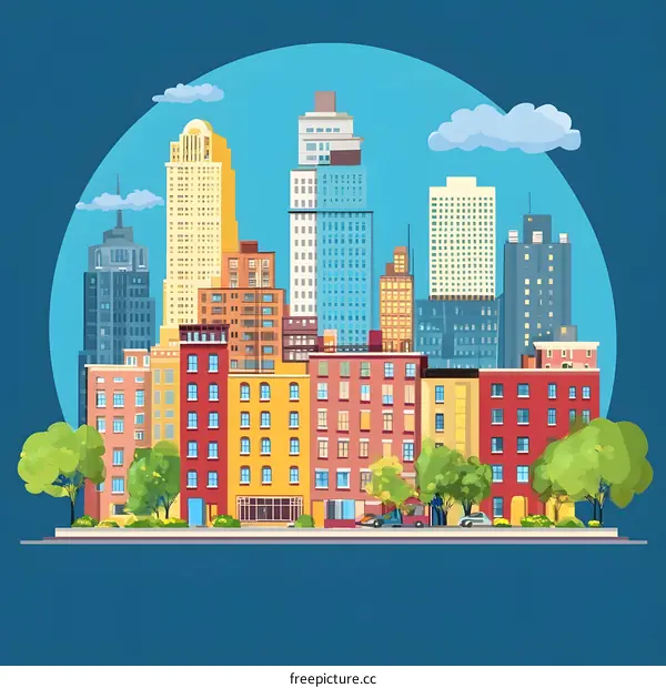 Colorful City Skyline Illustration with Buildings and Trees