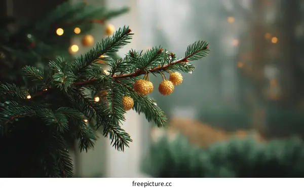 Golden Christmas Decorations on a Fir Branch