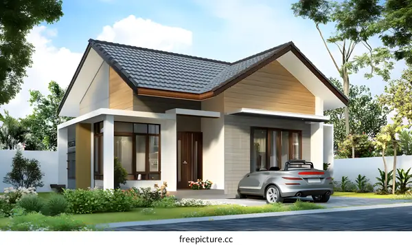 Modern House Exterior Design With Green Grass And A Convertible Car