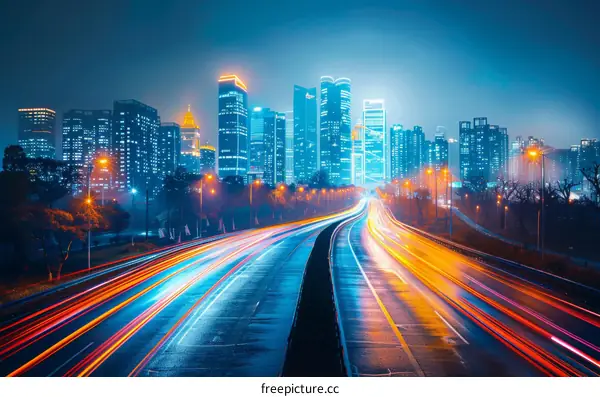 Light trails on a highway at night with a modern city in the background