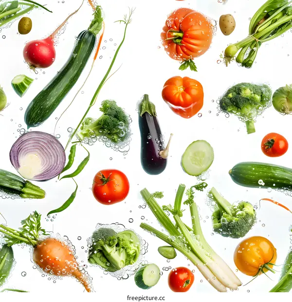 Fresh Vegetables Floating in Water with Bubbles