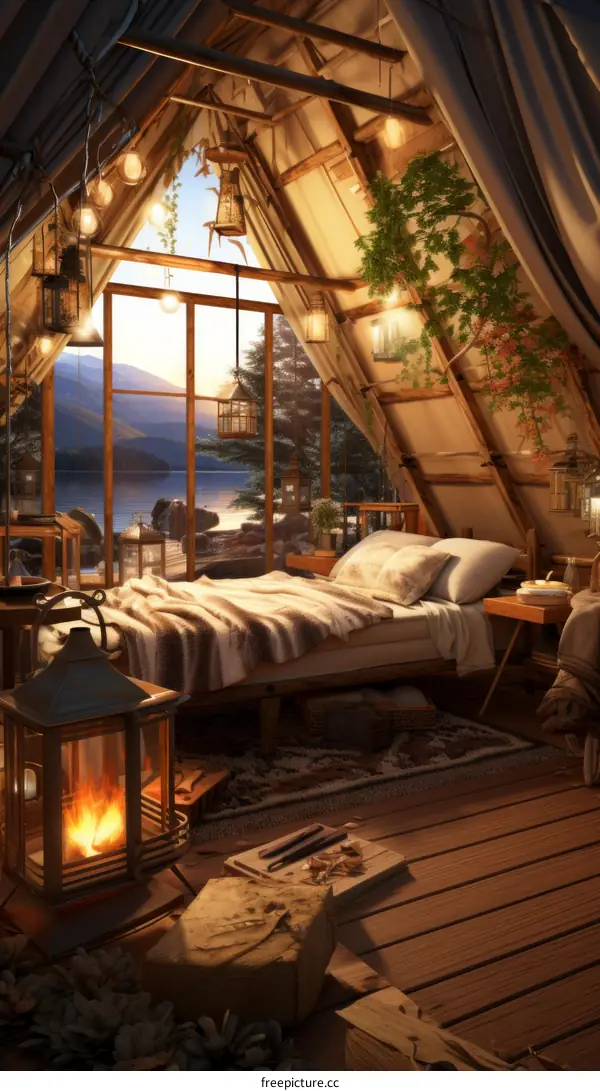 Cozy lakeside cabin with beautiful sunset view