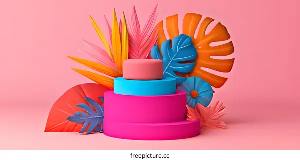 Colorful 3D Illustration of Tropical Leaves and Platform