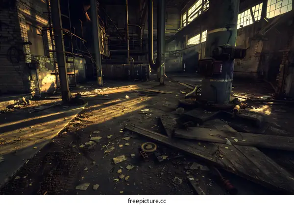 Abandoned Industrial Factory Building Interior With Sunbeams