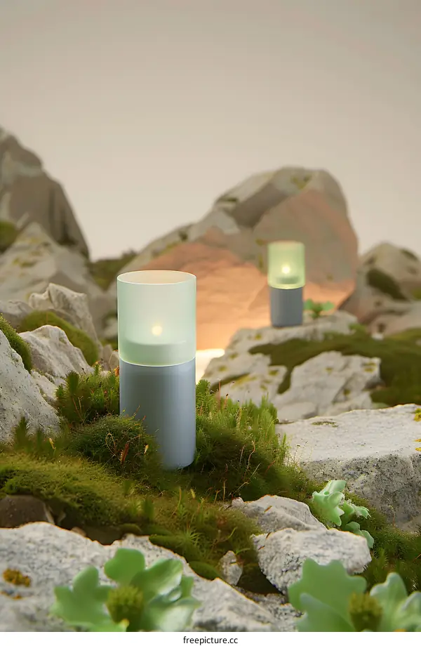 Two Candles On Rocks With Moss