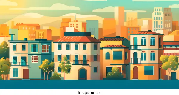 Colorful Cityscape Illustration With Buildings and Trees