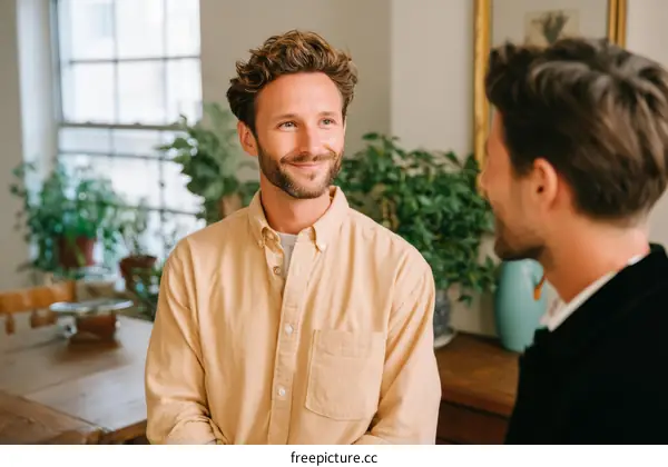 Two Caucasian Men in Conversation in a Cozy Setting