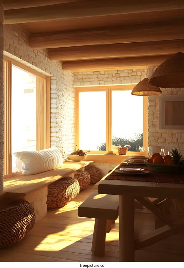 Rustic Wooden Dining Table With Wicker Benches And Windows