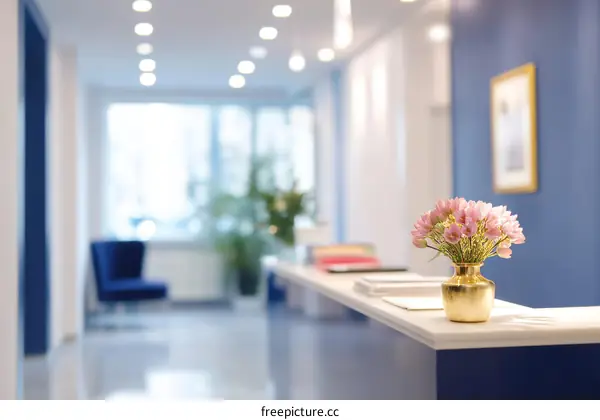Modern Office Lobby with Pink Flowers
