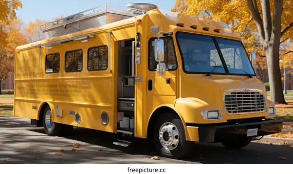 A yellow food truck is parked in a park with autumn trees in the background
