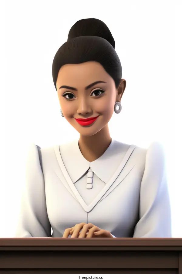 A 3D illustration of a young Asian woman wearing a white blazer