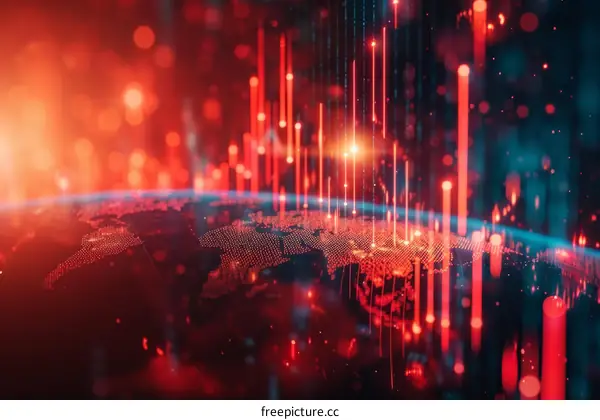 Red glowing globe surrounded by glowing red lines