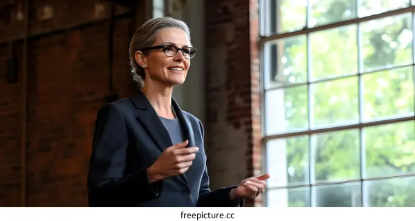 Smiling Businesswoman In Suit  Standing In Front Of Window In Industrial Setting