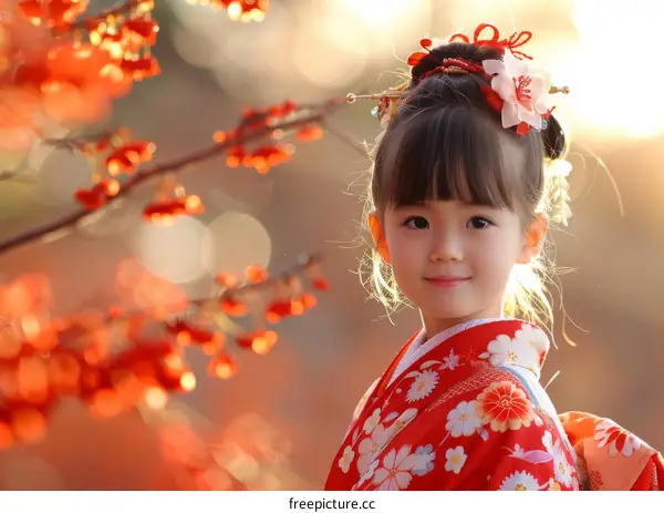 Little Japanese girl in kimono standing in a field of red flowers