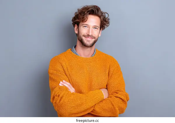 Handsome man wearing orange sweater with arms crossed