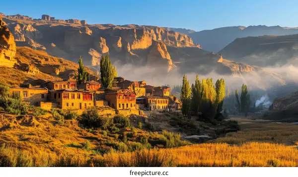 Mountain Village at Sunrise with Golden Fields
