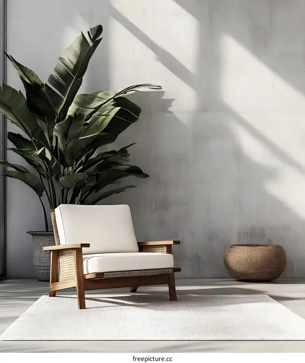 Modern Minimalist Living Room with Rattan Chair and Green Plant